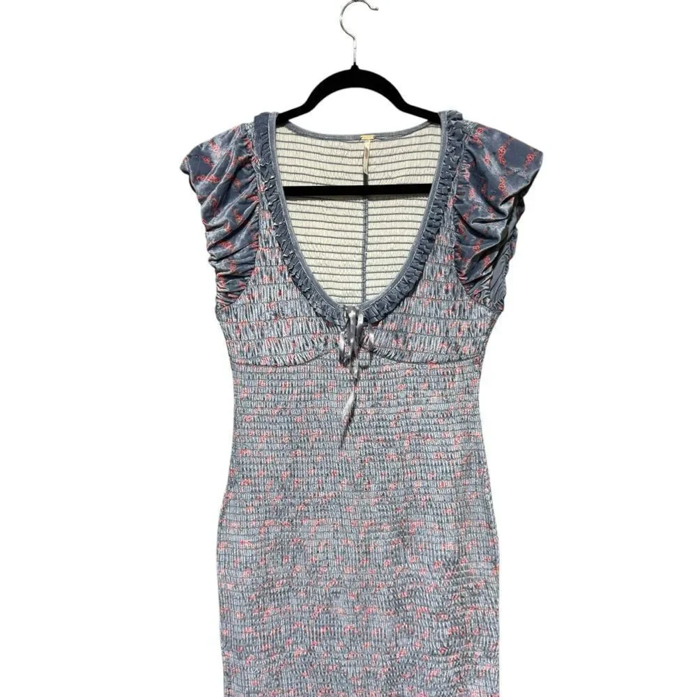 Revolve Free People Mckenna Velvet Midi Dress Smocked Slim Fitted Blue Combo - Picture 4 of 10